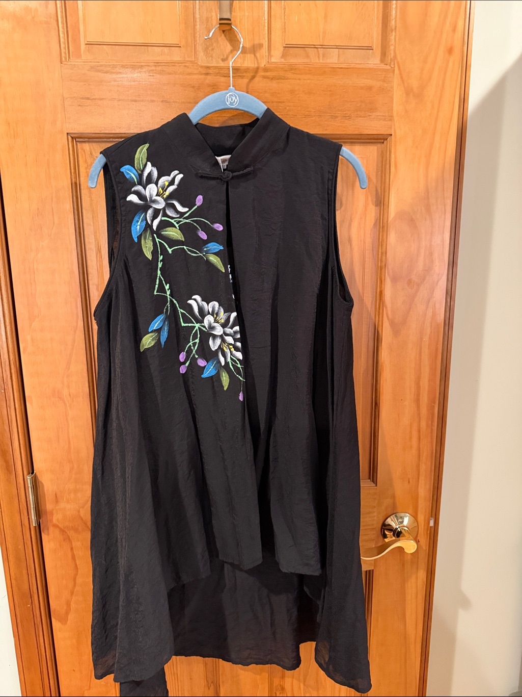 Sleeveless Black Tunic With Hand-Painted Floral Detail